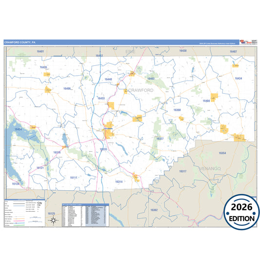 Crawford County, PA Business Reference 5 Digit ZIP Code Wall Map