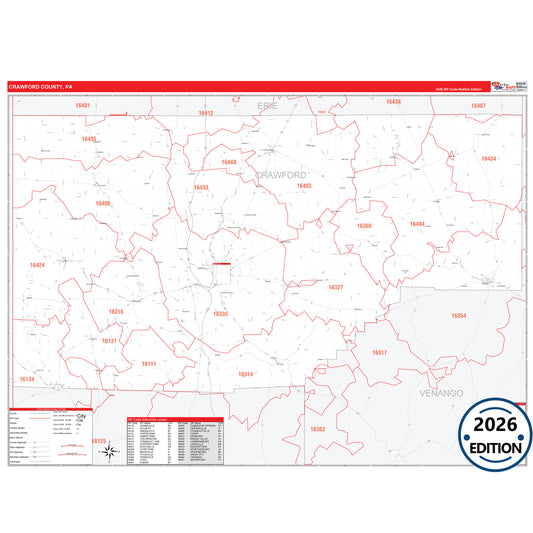 Crawford County, PA Red Line 5 Digit ZIP Code Wall Map