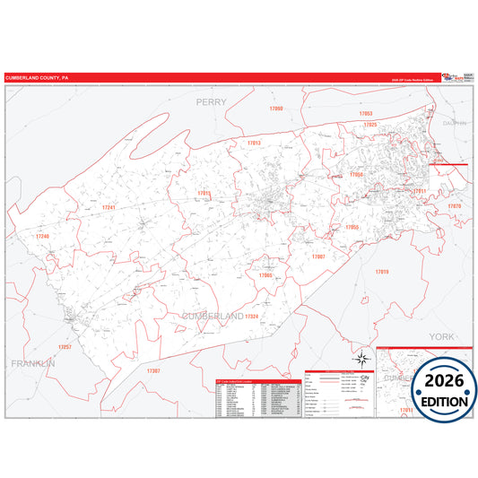 Cumberland County, PA Red Line 5 Digit ZIP Code Wall Map