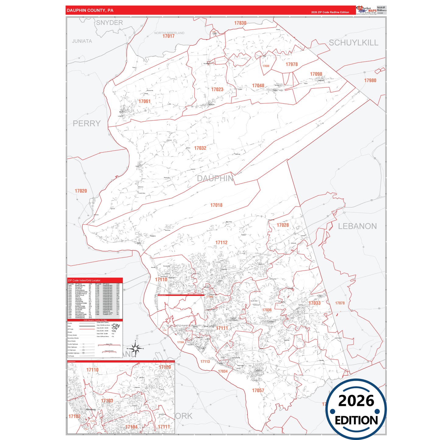Dauphin County, PA Red Line 5 Digit ZIP Code Wall Map