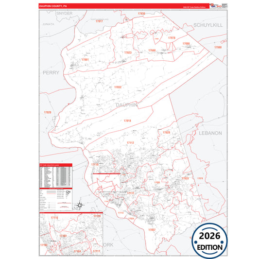 Dauphin County, PA Red Line 5 Digit ZIP Code Wall Map