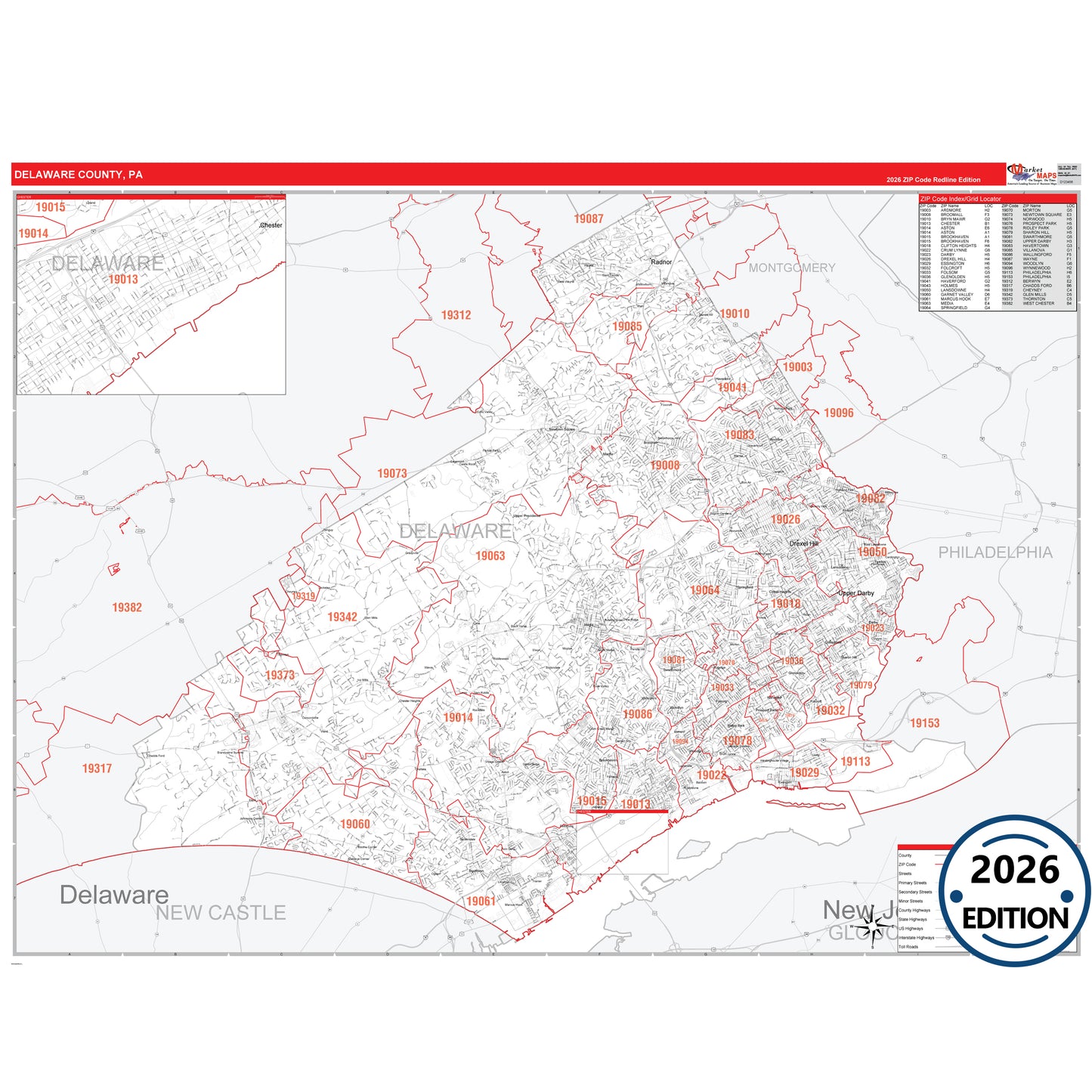 Delaware County, PA Red Line 5 Digit ZIP Code Wall Map