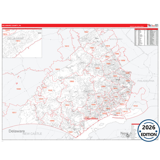 Delaware County, PA Red Line 5 Digit ZIP Code Wall Map