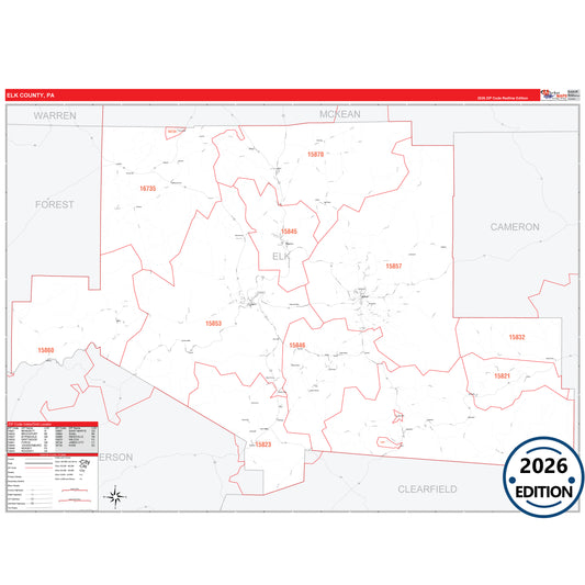 Elk County, PA Red Line 5 Digit ZIP Code Wall Map