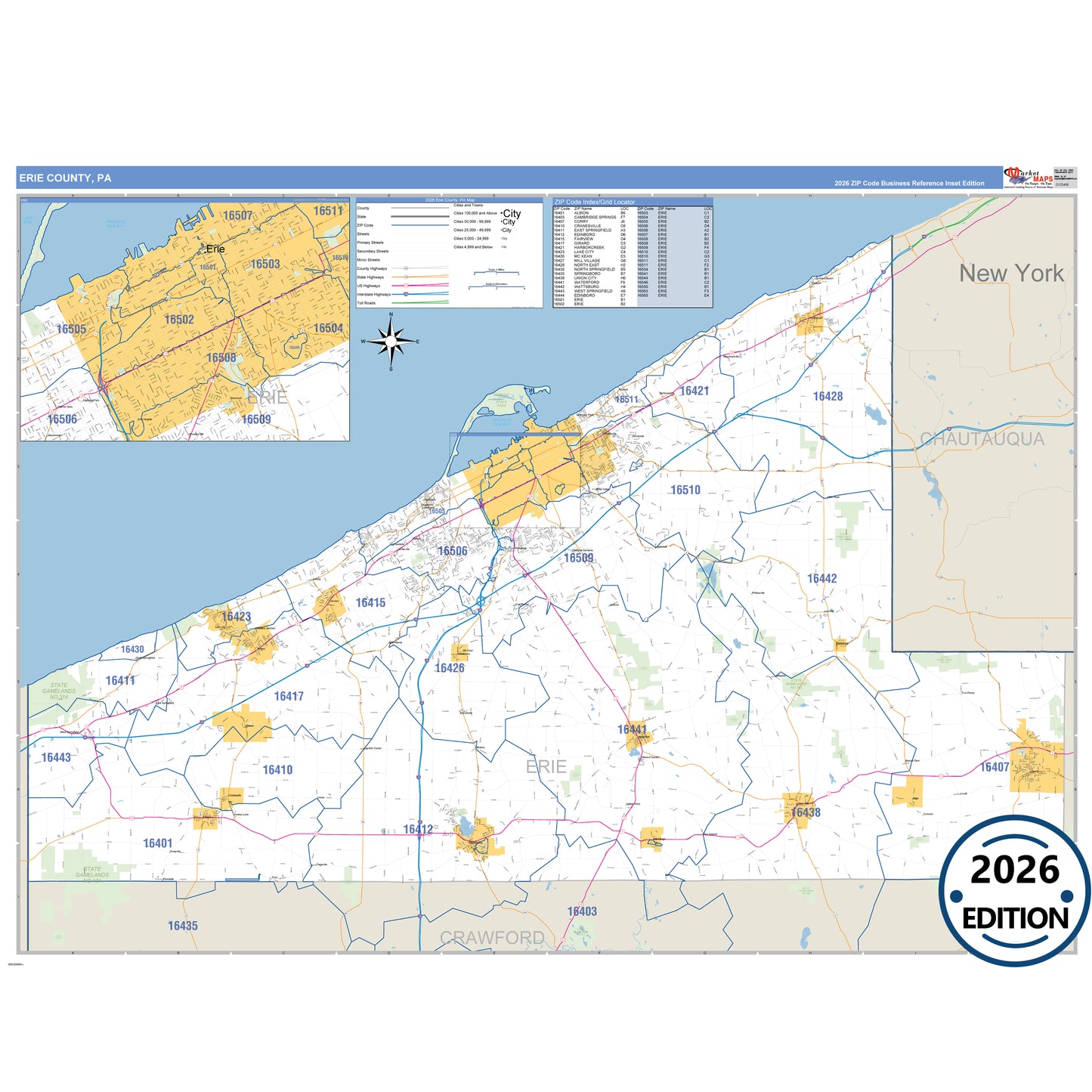 Erie County, PA Business Reference 5 Digit ZIP Code Wall Map