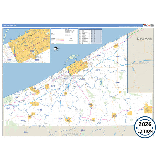 Erie County, PA Business Reference 5 Digit ZIP Code Wall Map