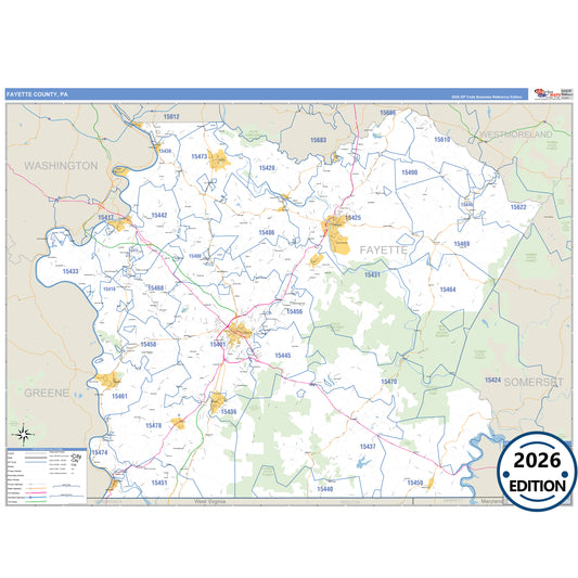 Fayette County, PA Business Reference 5 Digit ZIP Code Wall Map