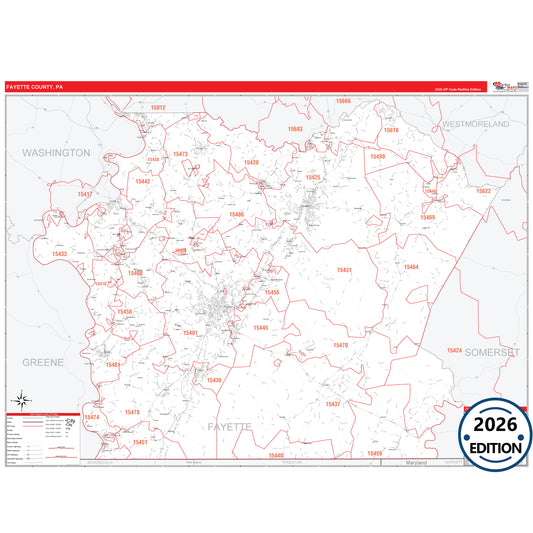 Fayette County, PA Red Line 5 Digit ZIP Code Wall Map