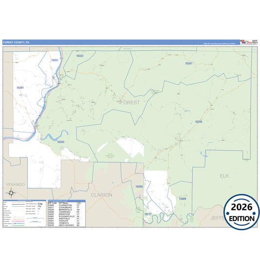 Forest County, PA Business Reference 5 Digit ZIP Code Wall Map