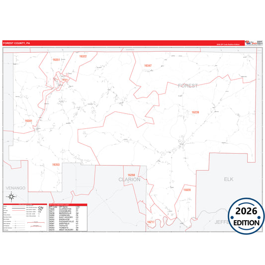 Forest County, PA Red Line 5 Digit ZIP Code Wall Map