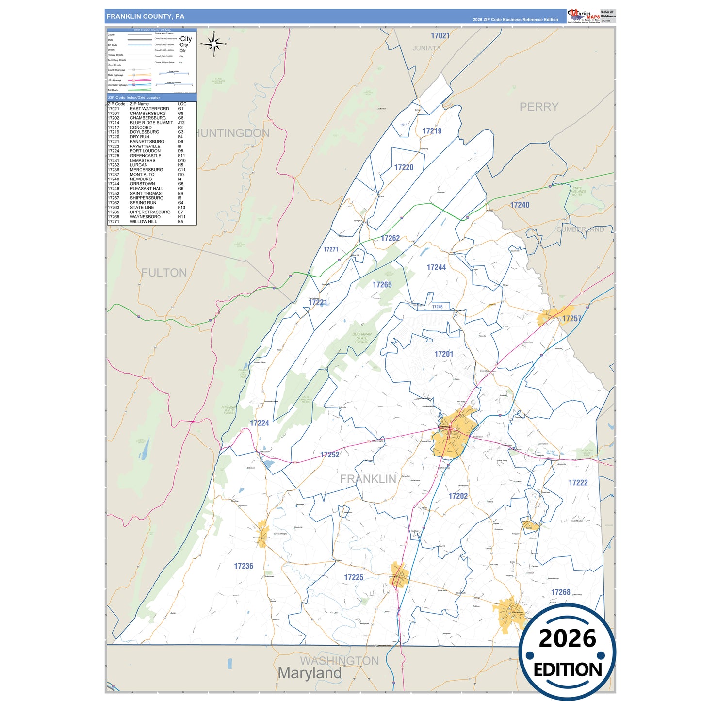 Franklin County, PA Business Reference 5 Digit ZIP Code Wall Map