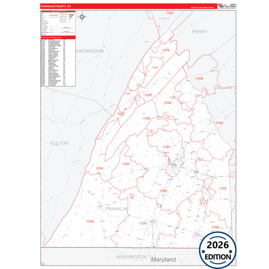 Franklin County, PA Red Line 5 Digit ZIP Code Wall Map