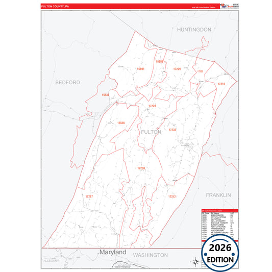 Fulton County, PA Red Line 5 Digit ZIP Code Wall Map