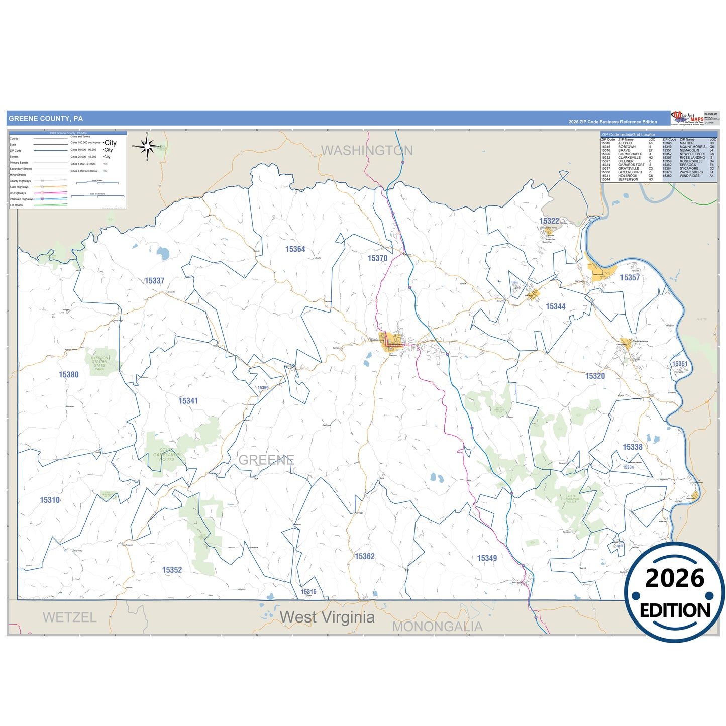 Greene County, PA Business Reference 5 Digit ZIP Code Wall Map