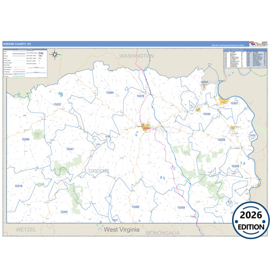 Greene County, PA Business Reference 5 Digit ZIP Code Wall Map