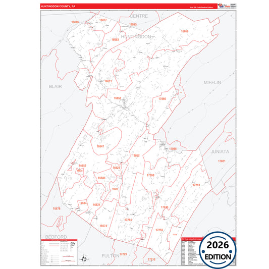 Huntingdon County, PA Red Line 5 Digit ZIP Code Wall Map