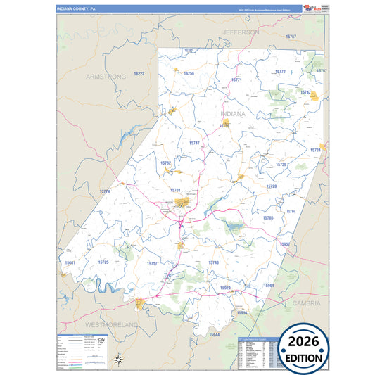 Indiana County, PA Business Reference 5 Digit ZIP Code Wall Map