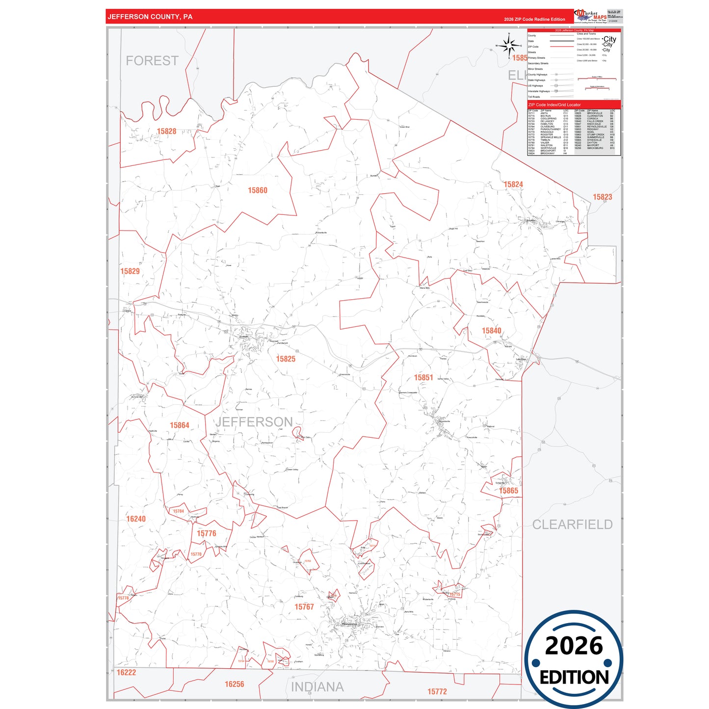 Jefferson County, PA Red Line 5 Digit ZIP Code Wall Map