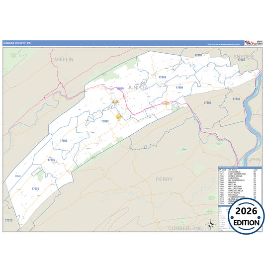 Juniata County, PA Business Reference 5 Digit ZIP Code Wall Map