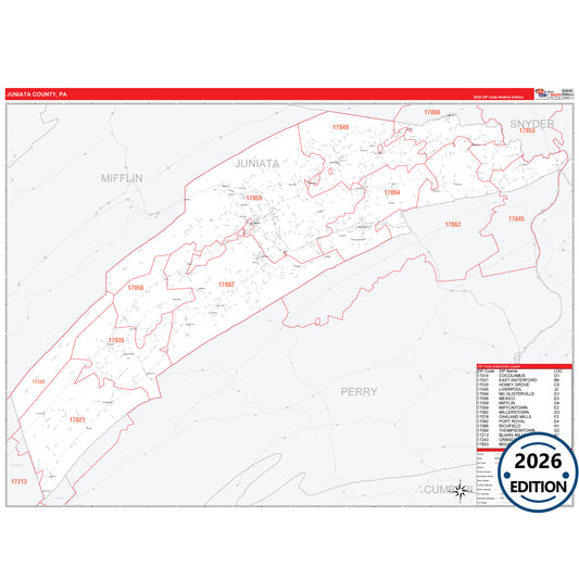 Juniata County, PA Red Line 5 Digit ZIP Code Wall Map