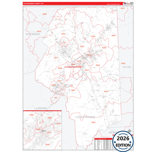 Lackawanna County, PA Red Line 5 Digit ZIP Code Wall Map