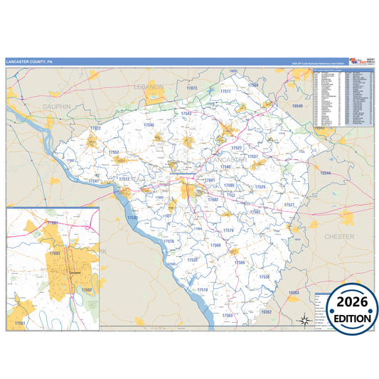 Lancaster County, PA Business Reference 5 Digit ZIP Code Wall Map
