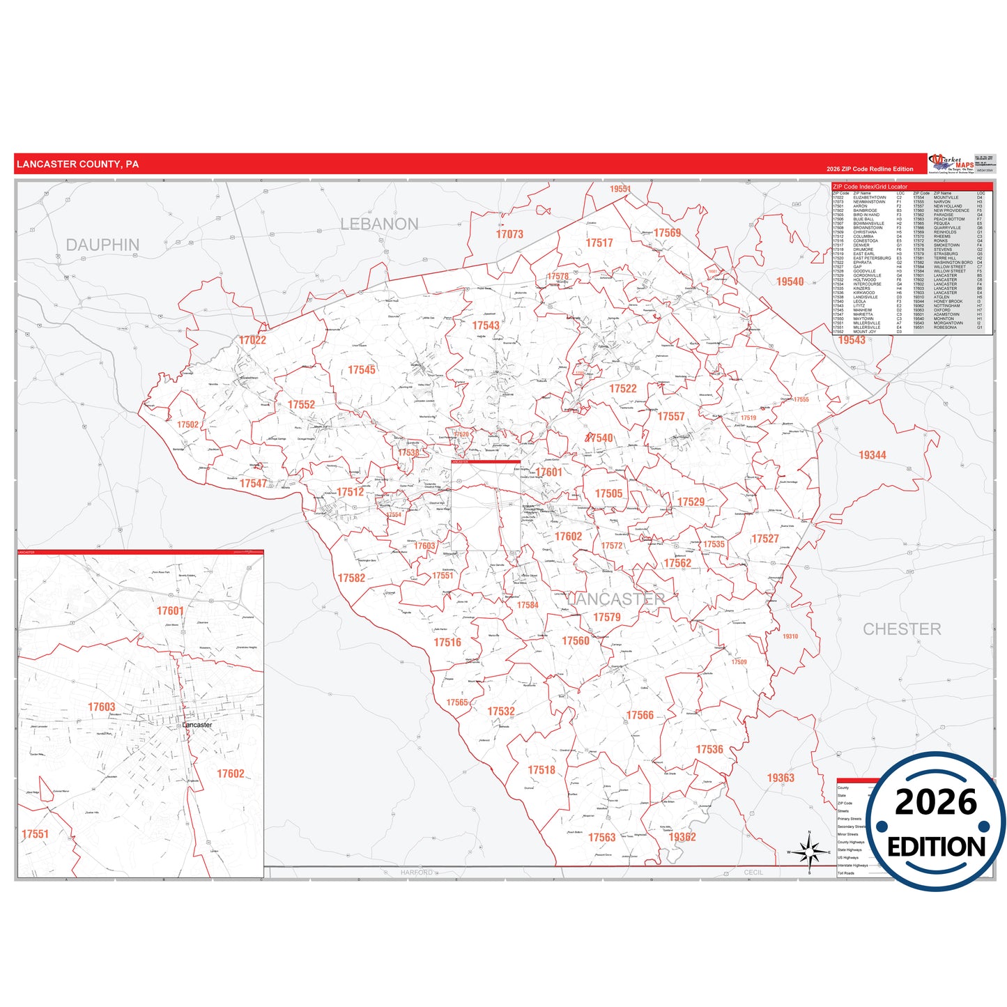 Lancaster County, PA Red Line 5 Digit ZIP Code Wall Map