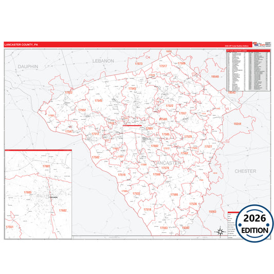 Lancaster County, PA Red Line 5 Digit ZIP Code Wall Map
