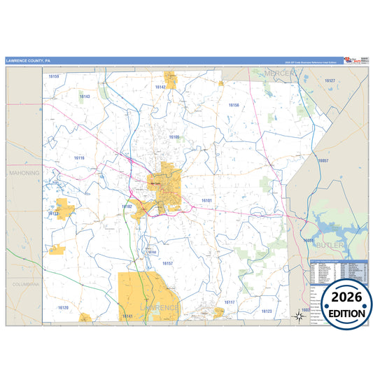 Lawrence County, PA Business Reference 5 Digit ZIP Code Wall Map