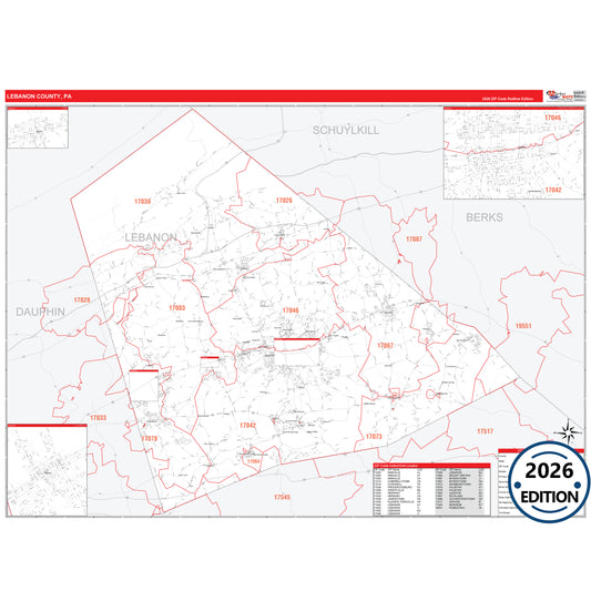 Lebanon County, PA Red Line 5 Digit ZIP Code Wall Map