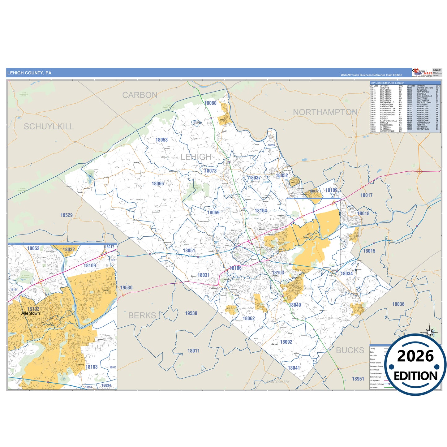 Lehigh County, PA Business Reference 5 Digit ZIP Code Wall Map