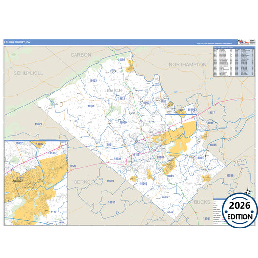 Lehigh County, PA Business Reference 5 Digit ZIP Code Wall Map
