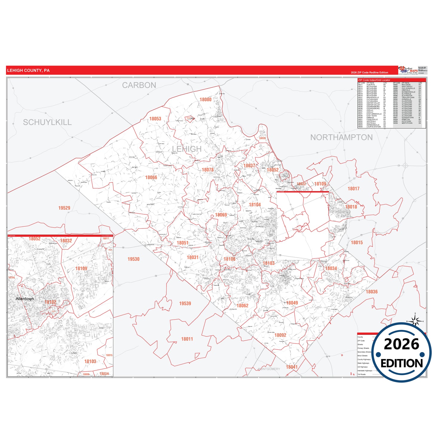 Lehigh County, PA Red Line 5 Digit ZIP Code Wall Map