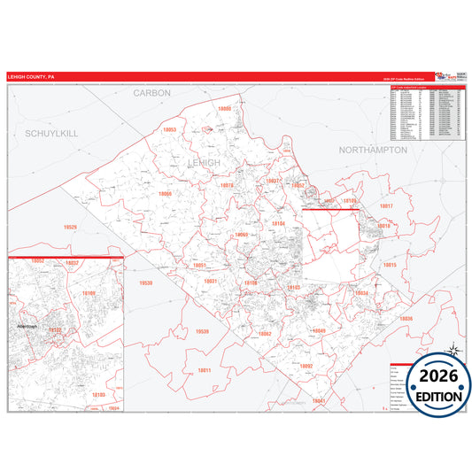 Lehigh County, PA Red Line 5 Digit ZIP Code Wall Map