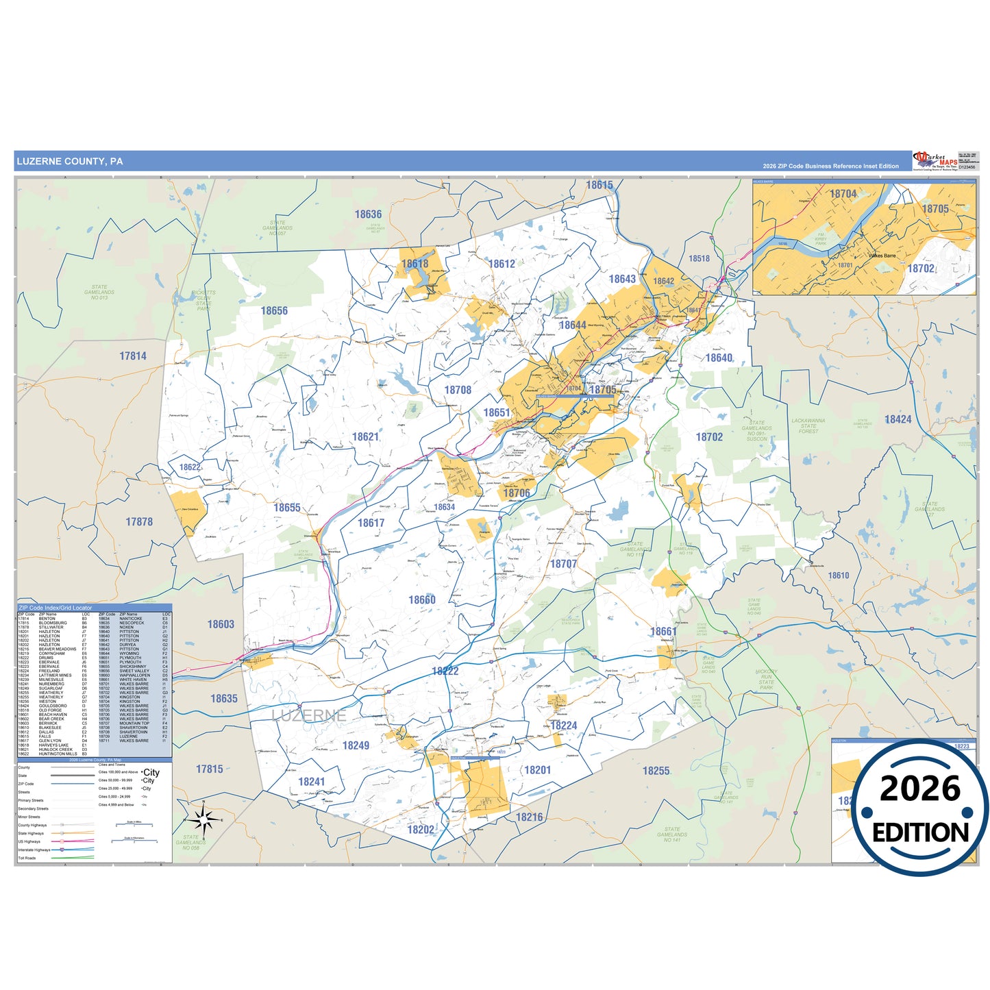 Luzerne County, PA Business Reference 5 Digit ZIP Code Wall Map