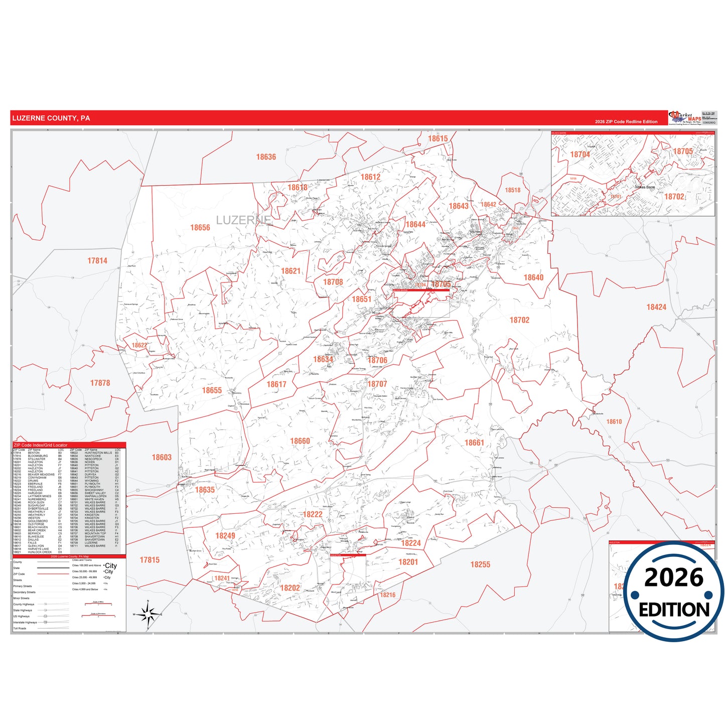 Luzerne County, PA Red Line 5 Digit ZIP Code Wall Map