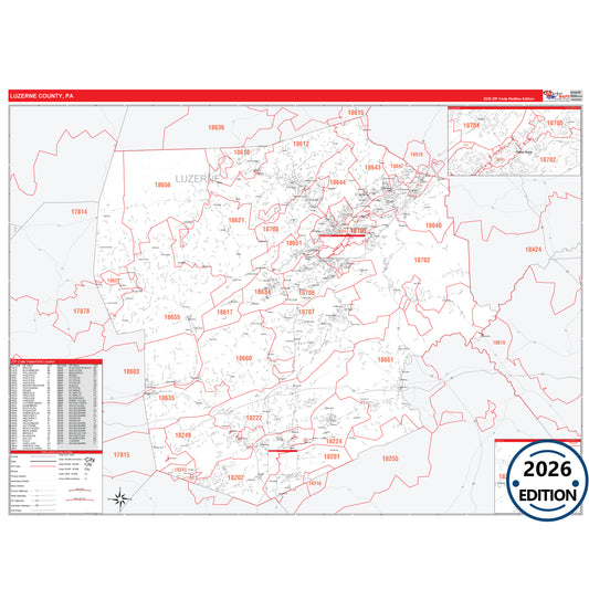 Luzerne County, PA Red Line 5 Digit ZIP Code Wall Map