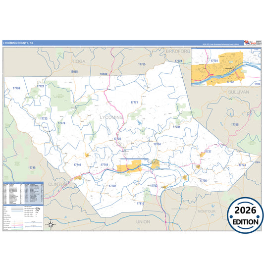 Lycoming County, PA Business Reference 5 Digit ZIP Code Wall Map