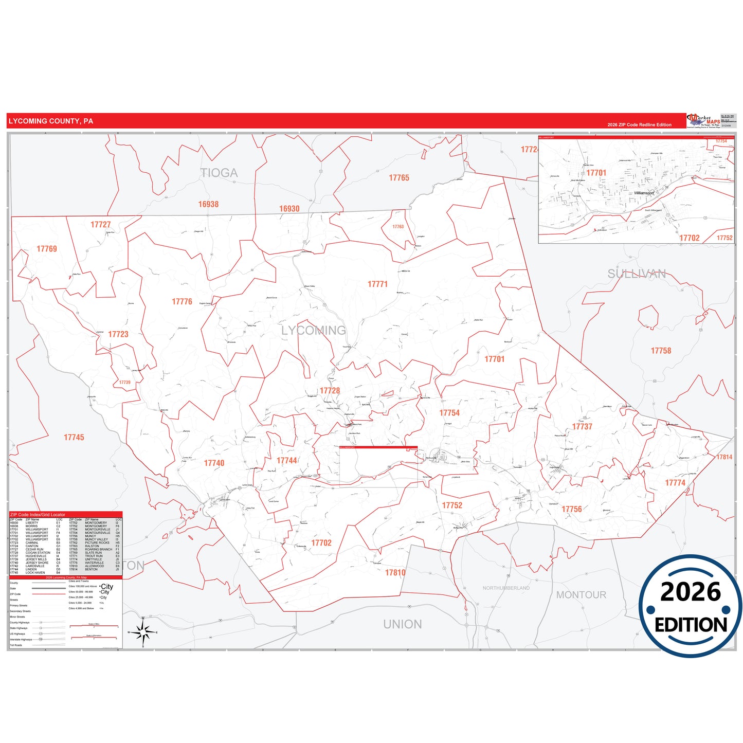 Lycoming County, PA Red Line 5 Digit ZIP Code Wall Map