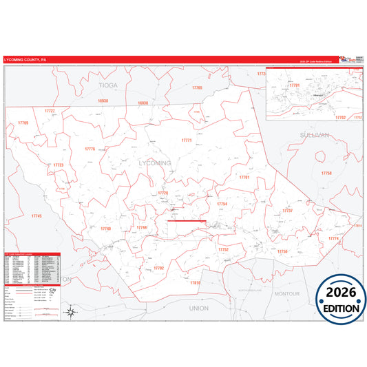Lycoming County, PA Red Line 5 Digit ZIP Code Wall Map