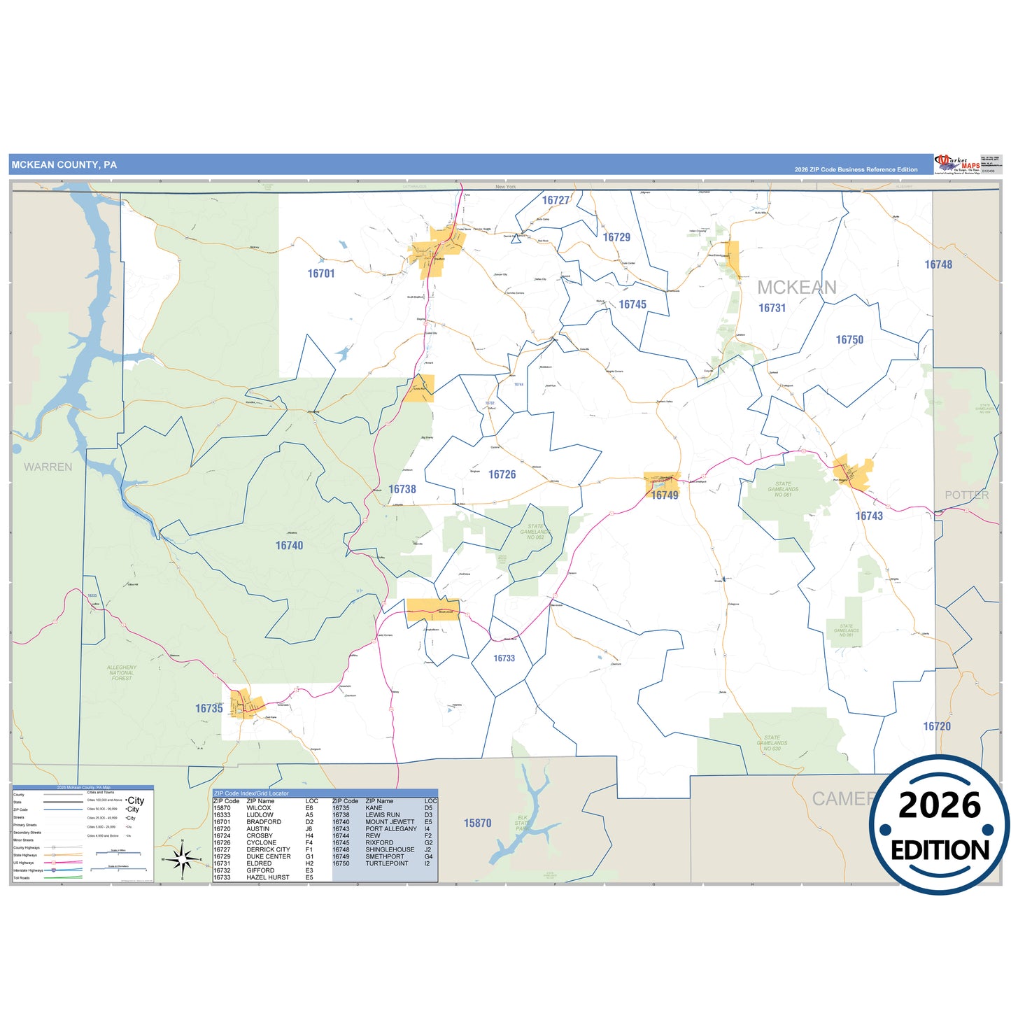 McKean County, PA Business Reference 5 Digit ZIP Code Wall Map