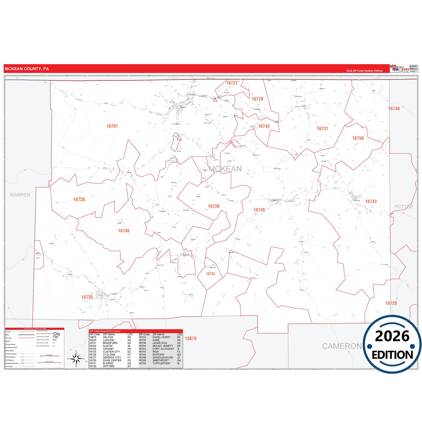 McKean County, PA Red Line 5 Digit ZIP Code Wall Map