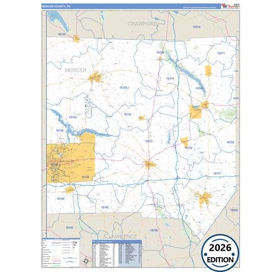 Mercer County, PA Business Reference 5 Digit ZIP Code Wall Map