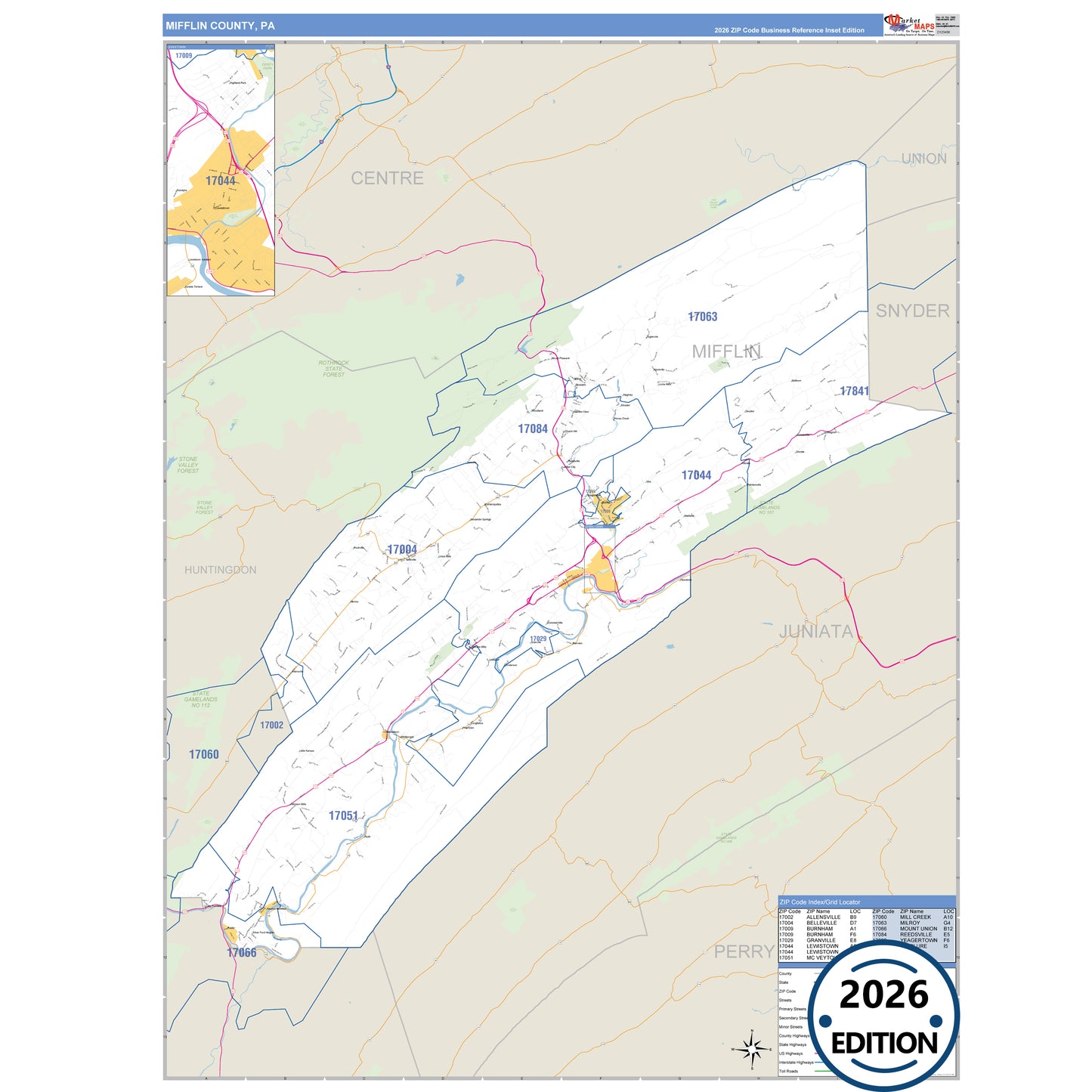 Mifflin County, PA Business Reference 5 Digit ZIP Code Wall Map