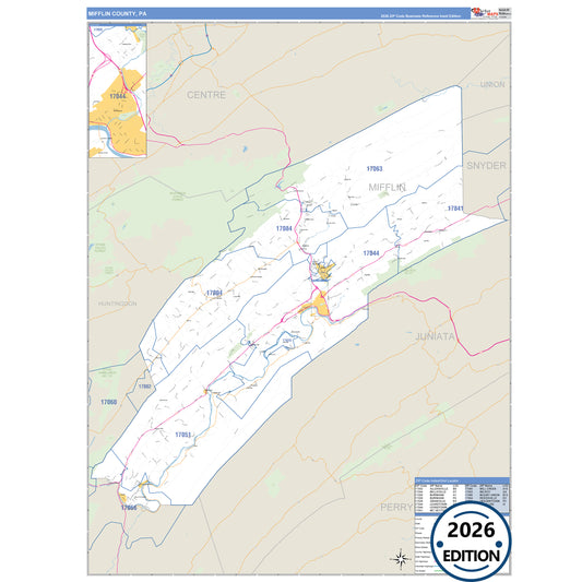 Mifflin County, PA Business Reference 5 Digit ZIP Code Wall Map
