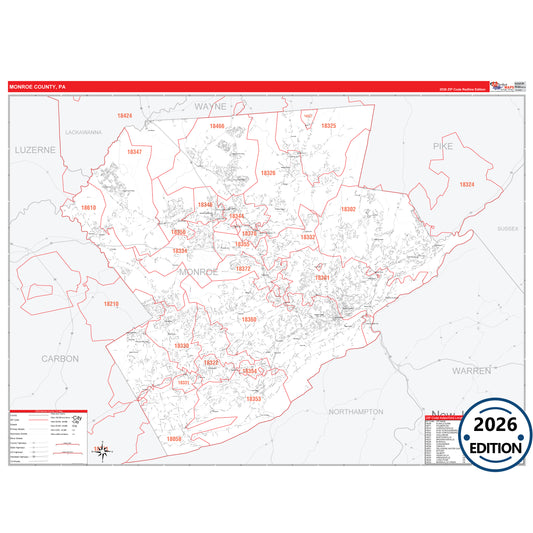 Monroe County, PA Red Line 5 Digit ZIP Code Wall Map