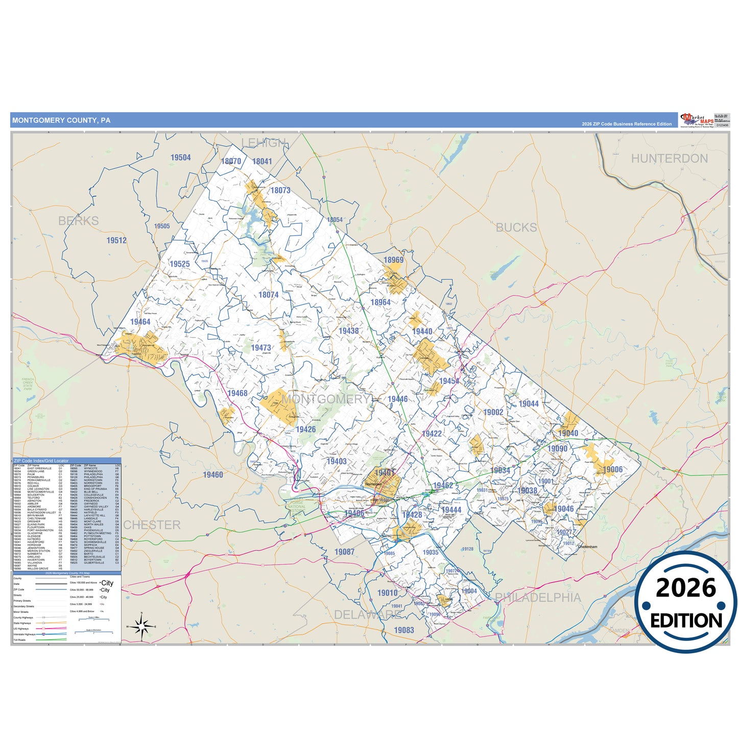Montgomery County, PA Business Reference 5 Digit ZIP Code Wall Map
