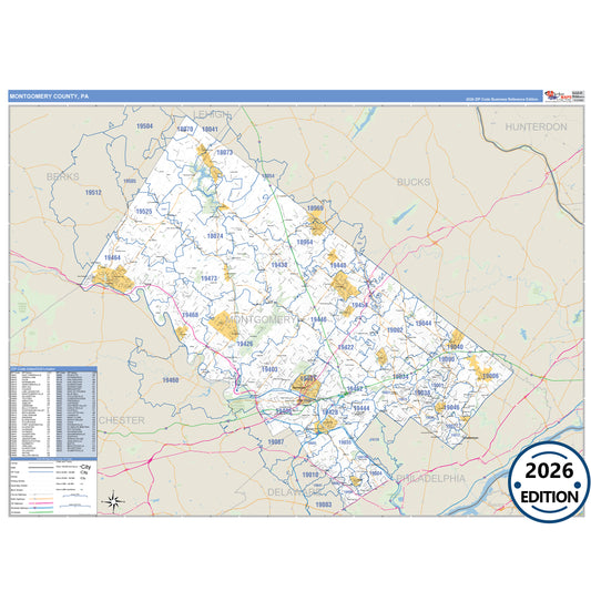 Montgomery County, PA Business Reference 5 Digit ZIP Code Wall Map