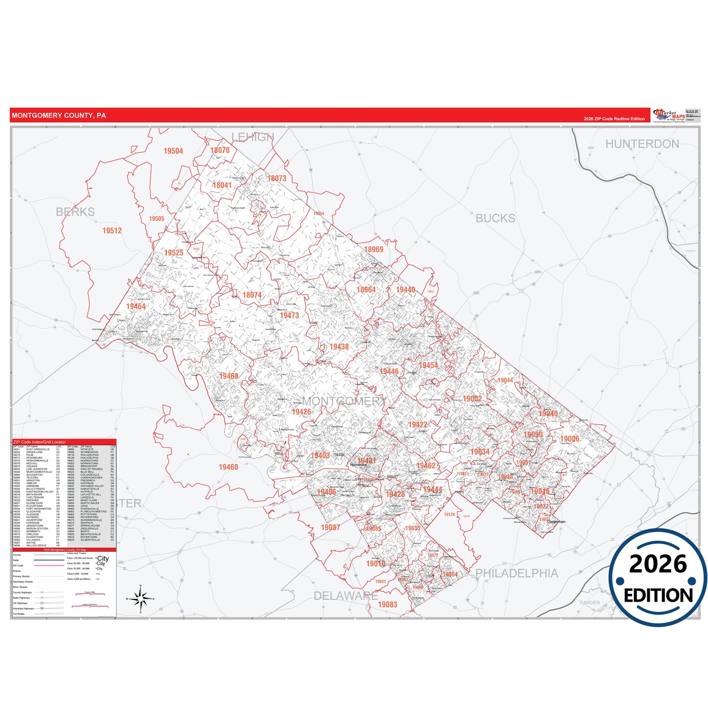 Montgomery County, PA Red Line 5 Digit ZIP Code Wall Map