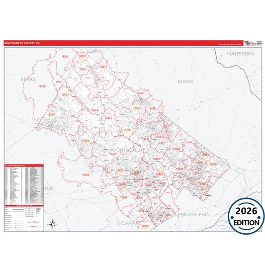 Montgomery County, PA Red Line 5 Digit ZIP Code Wall Map